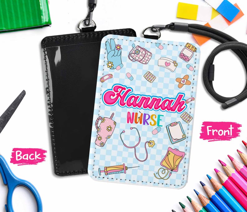 Personalized Nurse ID Badge Holder: Preppy Checkered Faux Leather