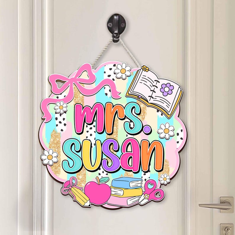 Custom Teacher Name Sign: 3D Preppy Classroom Door Hanger