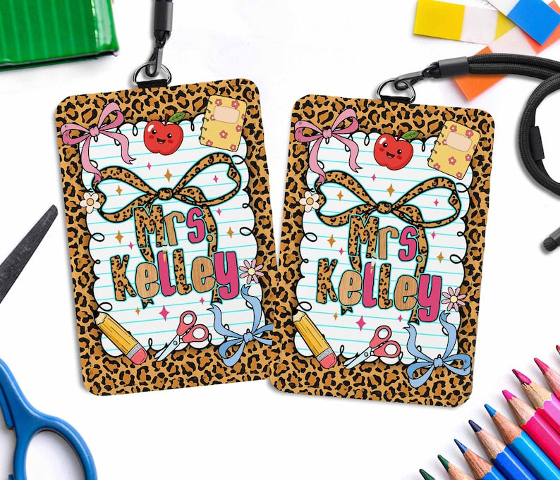 Personalized Leopard Print Teacher ID Badge Holder - Faux Leather