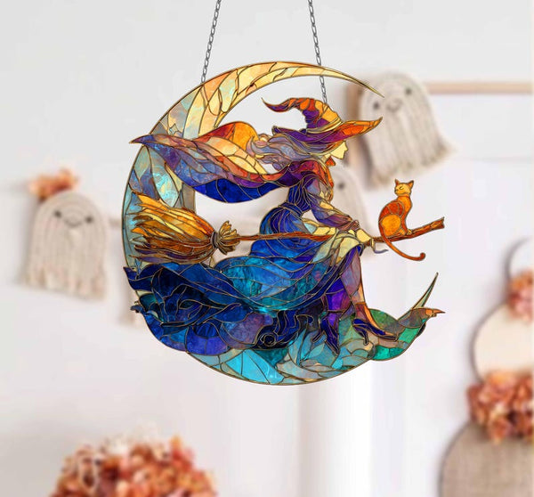 Witch and Tabby Cat Acrylic Suncatcher: Halloween Decor