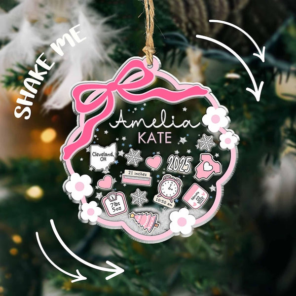 Personalized Baby's First Christmas Ornament 2025: Pink Bow Shaker