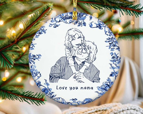 Custom Photo Christmas Ornament: Chinoiserie Blue Toile Porcelain, Newlywed Gift