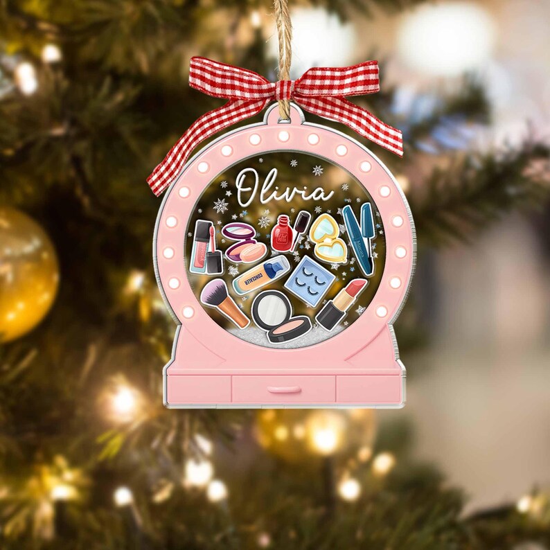 Personalized Makeup Shaker Ornament: Acrylic & Wood Christmas Gift