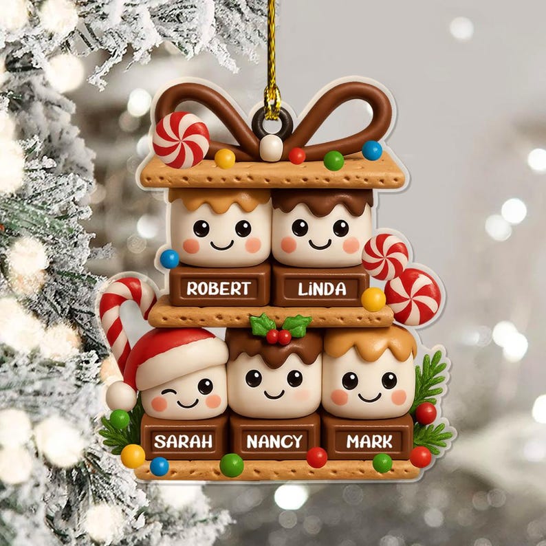 Personalized S’mores Family Ornament, Cute Marshmallow Christmas Ornament with Names, Custom Holiday Gift for Parents Kids 2025