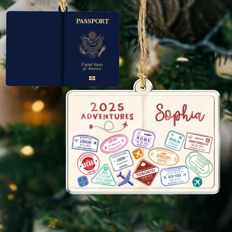 Passport Travel Christmas Ornament, Personalized Passport Shaker Ornament, Travel Christmas Gifts For Him, Adventure Christmas Gift For Her