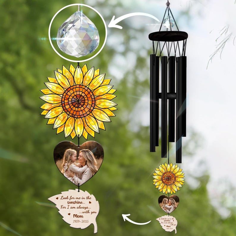 Personalized Memorial Wind Chime: Loss of Mom Sympathy Gift, Sunflower Acrylic Suncatcher, Custom Memorial Window Hanging with Heart Charm