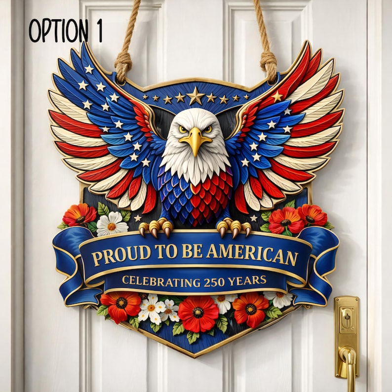 250th Anniversary Wooden Door Sign: Patriotic Eagle & Poppy Decor