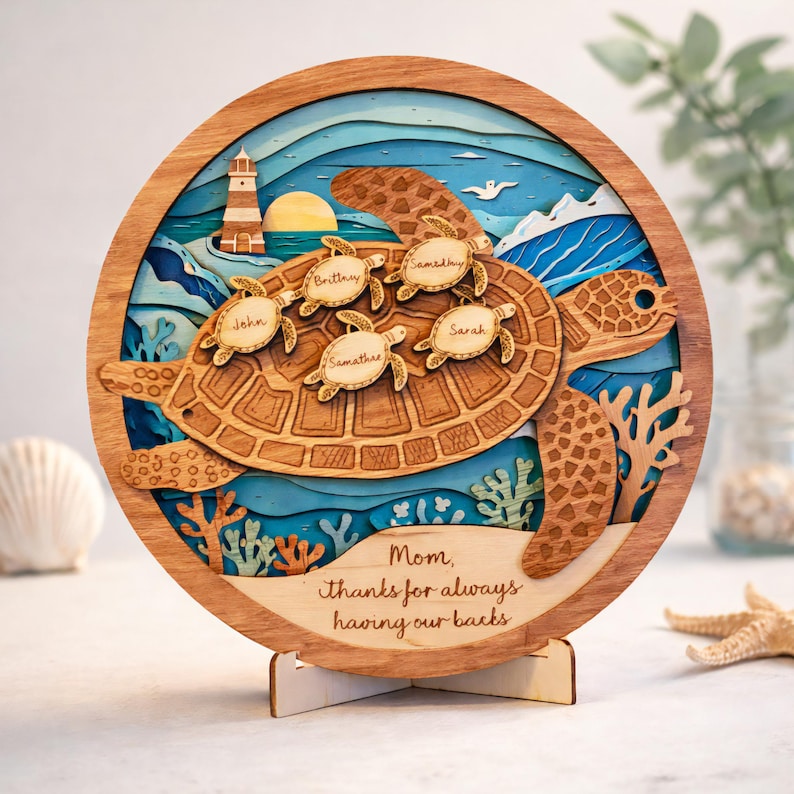 Personalized Wooden Sea Turtle Sign, Custom Family Names, Mom Gift