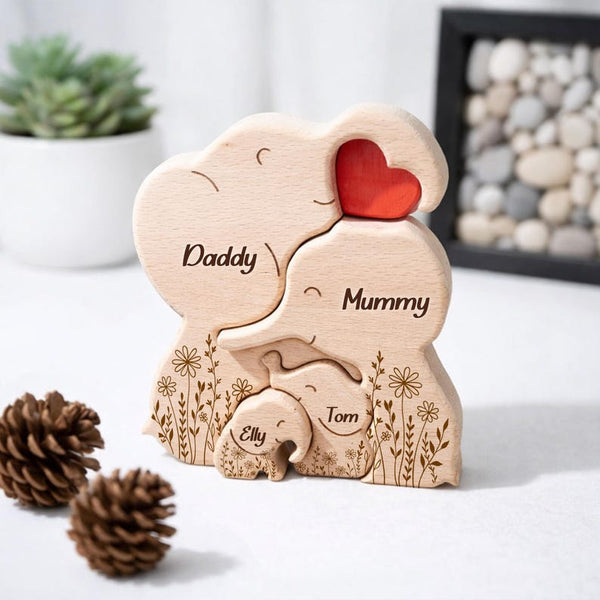 Wooden Elephant Family Puzzle, Animal Family Decor, Engraved Family Name Decor, Mother's Day Gift for Mom, Family Name Keepsake