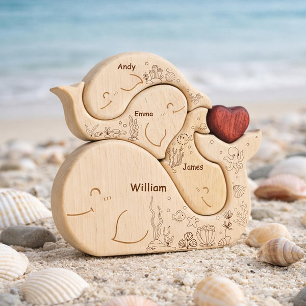 Wooden Whale Family Puzzle, Personalized Ocean Animal Family Name Puzzle, New Mom Gift, Mother's Day Gift for Mom, Family Name Keepsake