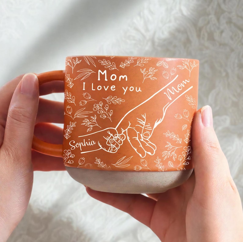 Personalized Holding Mom's Hand Mug: Blue Toile Mom Mug, Custom Mother's Day Gift, Mama Flowers Mug Gifts, Family Keepsake for Mum Mommy