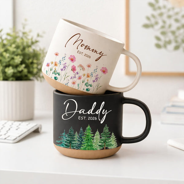 Custom Engraved Pottery Mug, Mom Dad Est 2026, New Parents Gift