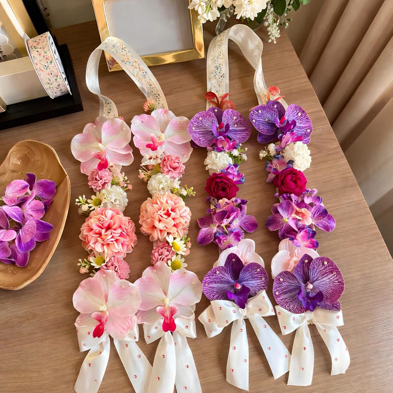 Custom Orchid Floral Graduation Stole, Pastel Ribbon Lei Ceremony Sash