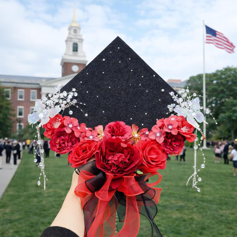 Handmade Floral Graduation Cap Topper, Glitter Red Flowers, Custom Grad Decor