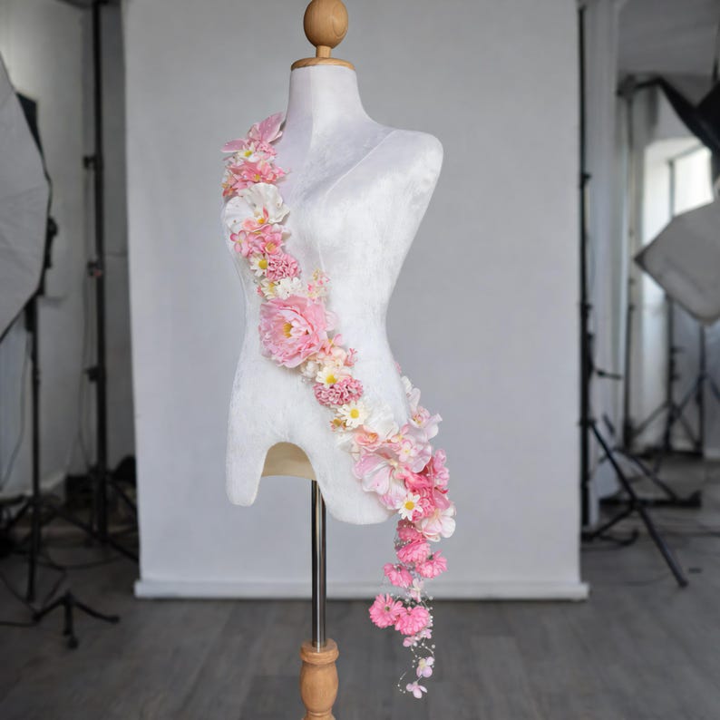 Custom Pink Floral Graduation Stole, Ribbon Flower Lei Sash, Senior Photo Prop