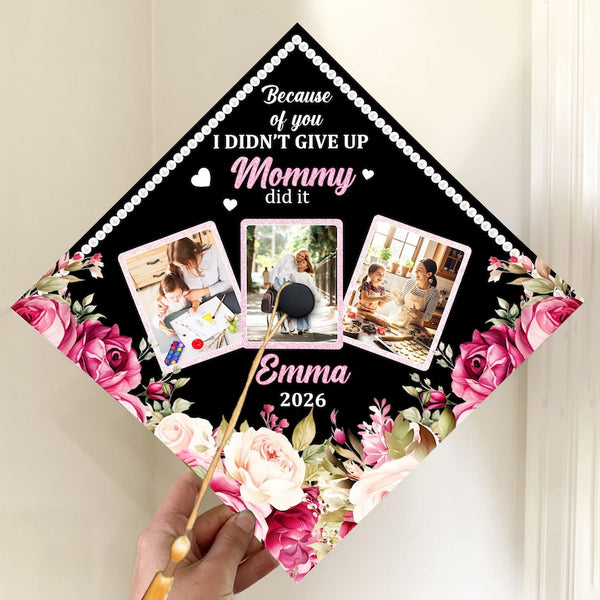Custom Photo Graduation Cap Topper, Floral Mom Grad Gift, Acrylic Decoration