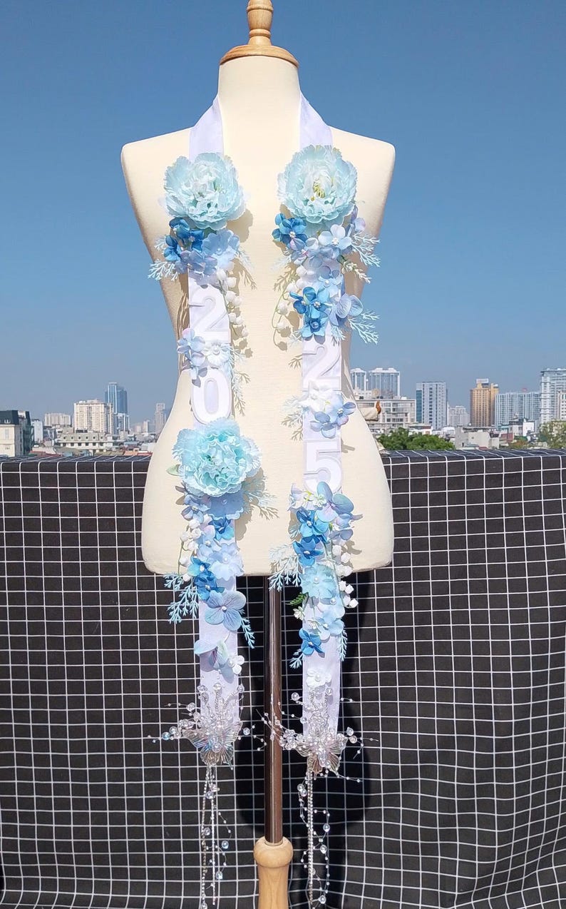 Custom Pastel Floral Graduation Stole, Ribbon Flower Lei, Grad Sash, Senior Photo Prop