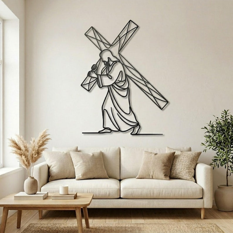 Minimalist Jesus Carrying Cross Metal Wall Art \| Christian Faith Decor Sign