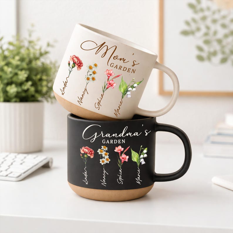Custom Engraved Mom Grandma Birth Flower Garden Mug, Personalized Mother's Day Gift