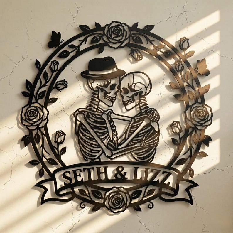 Personalized Skeleton Couple Metal Sign – Gothic Rose Wreath Wall Art