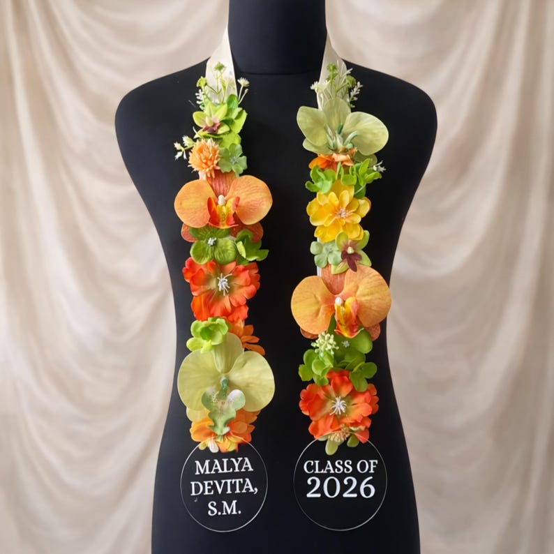 Personalized Floral Graduation Stole, Handmade Ribbon Flower Lei Sash, Class of 2026