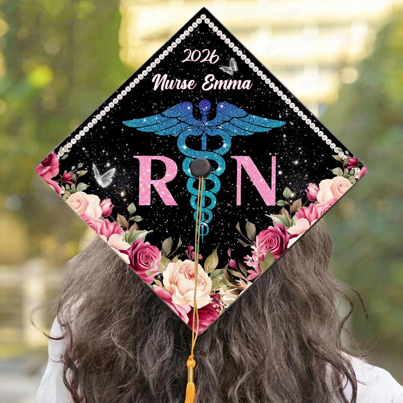 Personalized Floral RN Graduation Cap Topper, Acrylic Nurse Graduation Decoration
