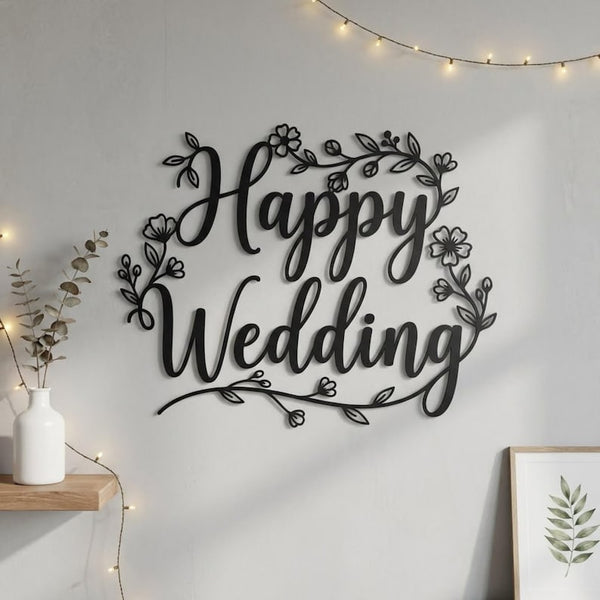 Happy Wedding Metal Sign – Floral Script Backdrop Decor
