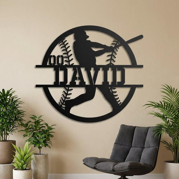 Personalized Baseball Metal Sign – Custom Name Batting Silhouette Wall Art