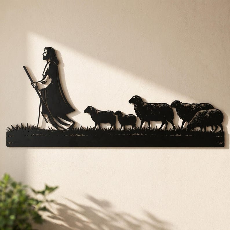 Jesus Shepherd Metal Wall Art – Christian Silhouette Decor, Faith Home Accent