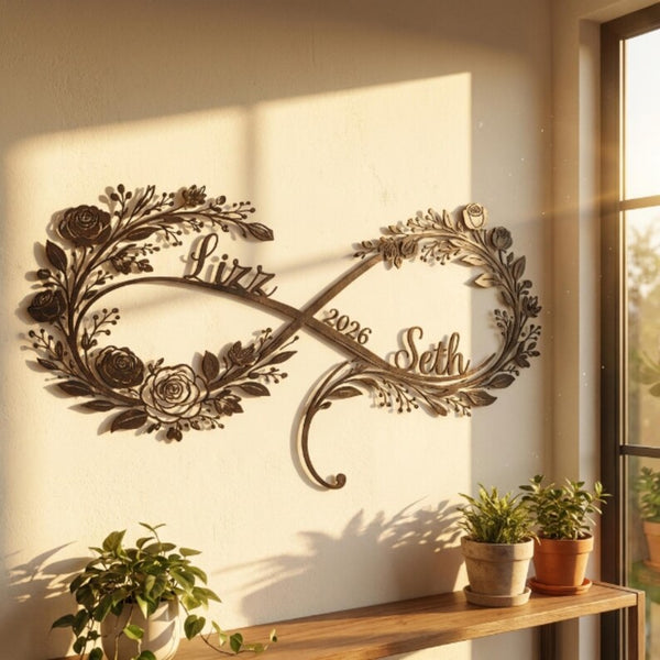 Personalized Floral Infinity Metal Sign – Custom Names, Wedding Date Wall Art