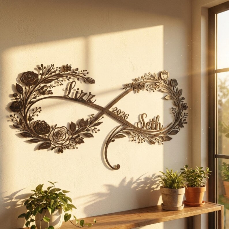 Personalized Floral Infinity Metal Sign – Custom Names, Wedding Date Wall Art