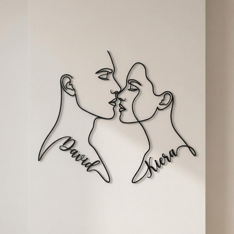 Personalized Couple Line Art Metal Sign – Custom Names, Minimalist Face Decor