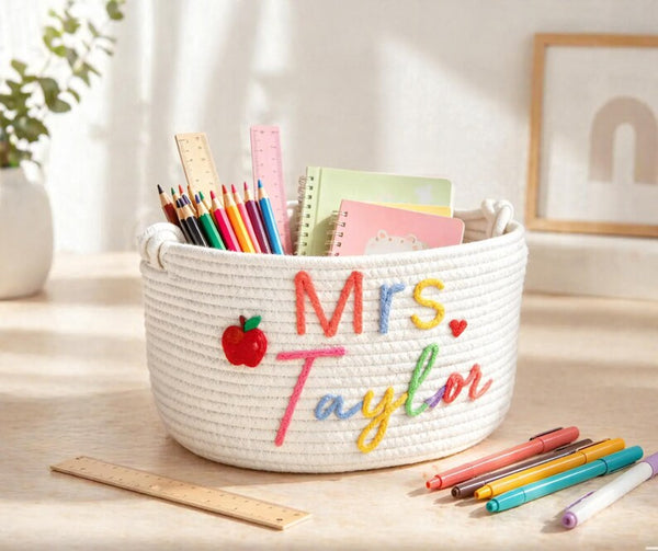 Personalized Teacher Cotton Rope Storage Basket, Custom Name Classroom Organizer