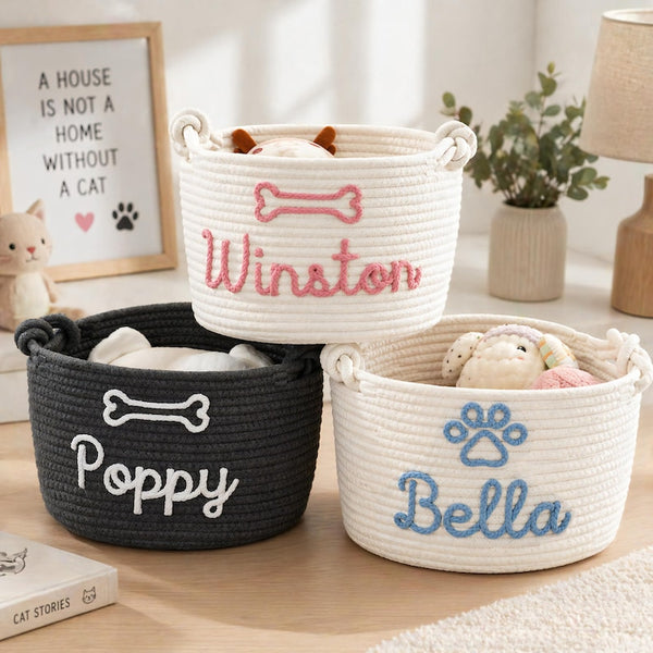 Personalized Woven Cotton Rope Pet Toy Basket, Custom Name Storage Organizer