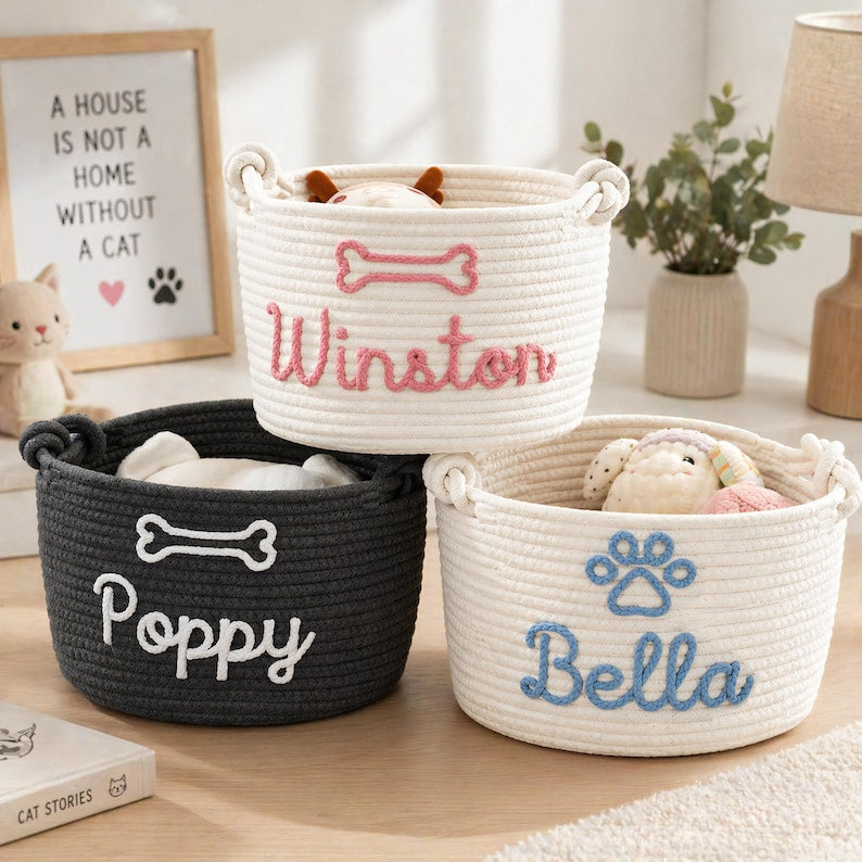 Personalized Woven Cotton Rope Pet Toy Basket, Custom Name Storage Organizer