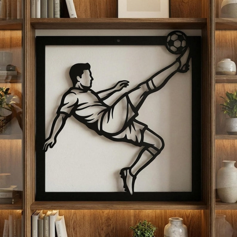 Soccer Player Metal Wall Art – Dynamic Kick Silhouette, Modern Sports Decor