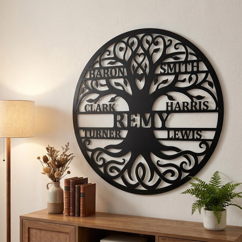 Personalized Family Tree Metal Wall Art – Custom Name Sign, Tree of Life Decor