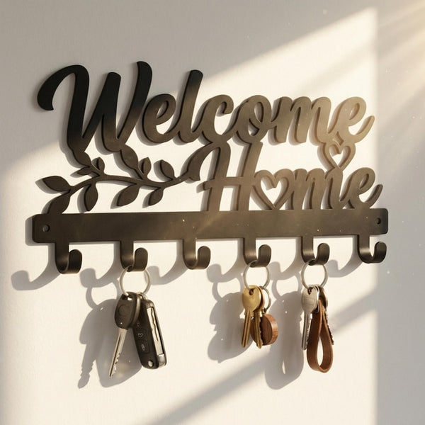 Welcome Home Metal Key Holder – Wall Mounted Entryway Organizer, Farmhouse Decor, Matte Black Finish