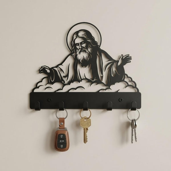 Jesus Metal Key Holder – Religious Wall Decor, Entryway Organizer, Matte Black Finish