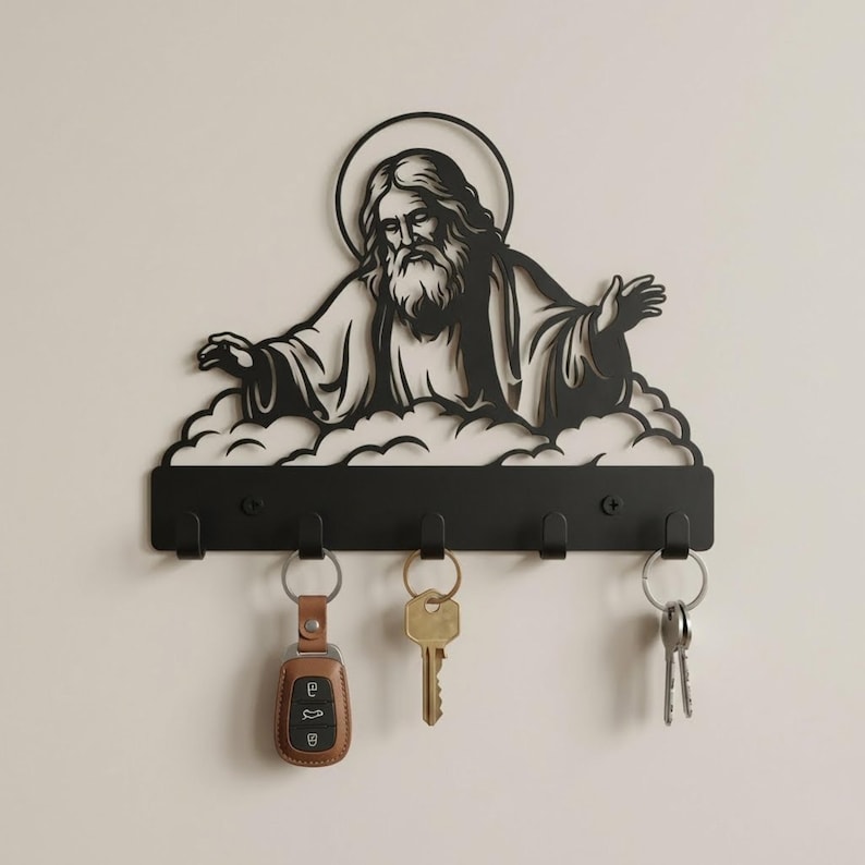 Jesus Metal Key Holder – Religious Wall Decor, Entryway Organizer, Matte Black Finish