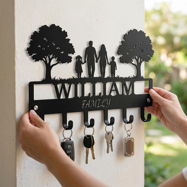 Personalized Metal Family Key Holder – Custom Last Name Entryway Organizer, Silhouette Decor