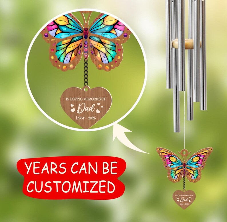Personalized Memorial Wind Chime: Dad Sympathy Gift, Butterfly Acrylic Suncatcher (Wood, Acrylic)