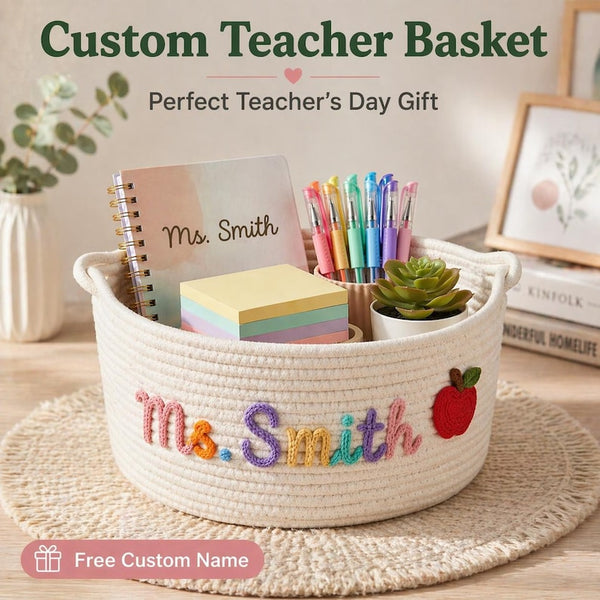 Personalized Cotton Rope Teacher Basket, Custom Name Storage, Classroom Organizer Gift