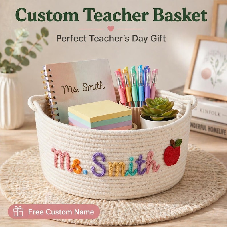 Personalized Cotton Rope Teacher Basket, Custom Name Storage, Classroom Organizer Gift