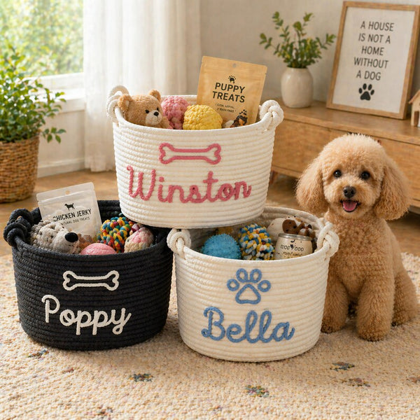 Personalized Cotton Rope Pet Toy Basket, Custom Dog Cat Storage Organizer