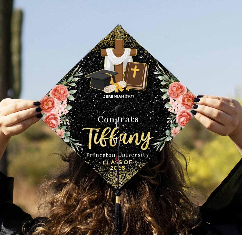 Personalized Floral Graduation Cap Topper, Jeremiah 29:11 Faith Decor, Class of 2026