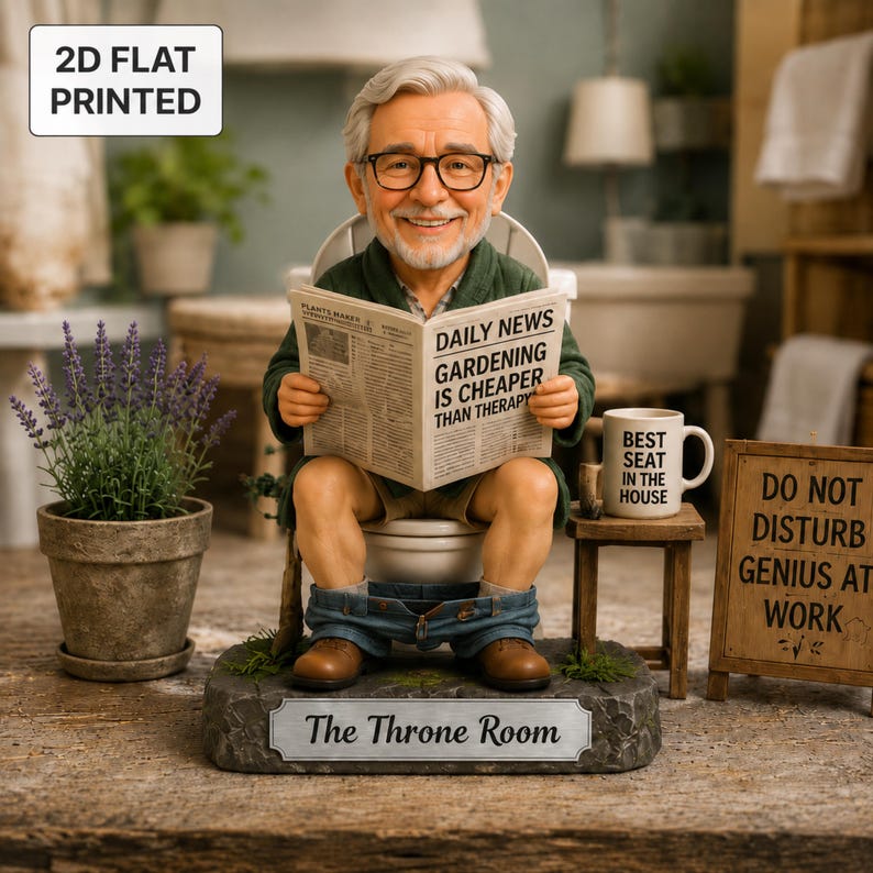 Custom Grandpa Bathroom Wooden Block – Personalized Photo Caricature Gift (2D Flat Printed)