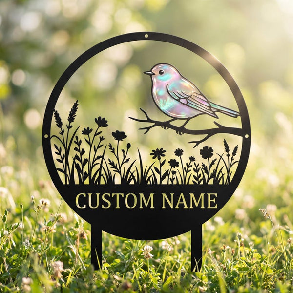 Personalized Metal Garden Sign – Bird Floral Yard Stake, Custom Name Decor