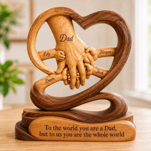 Personalized Wooden Family Sculpture, Dad Holding Kids Hands Keepsake