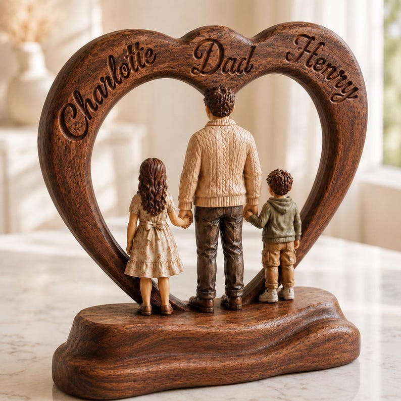 Personalized Dad Father Child Heart Frame, Custom Wood Family Decor (Father's Day Gift)
